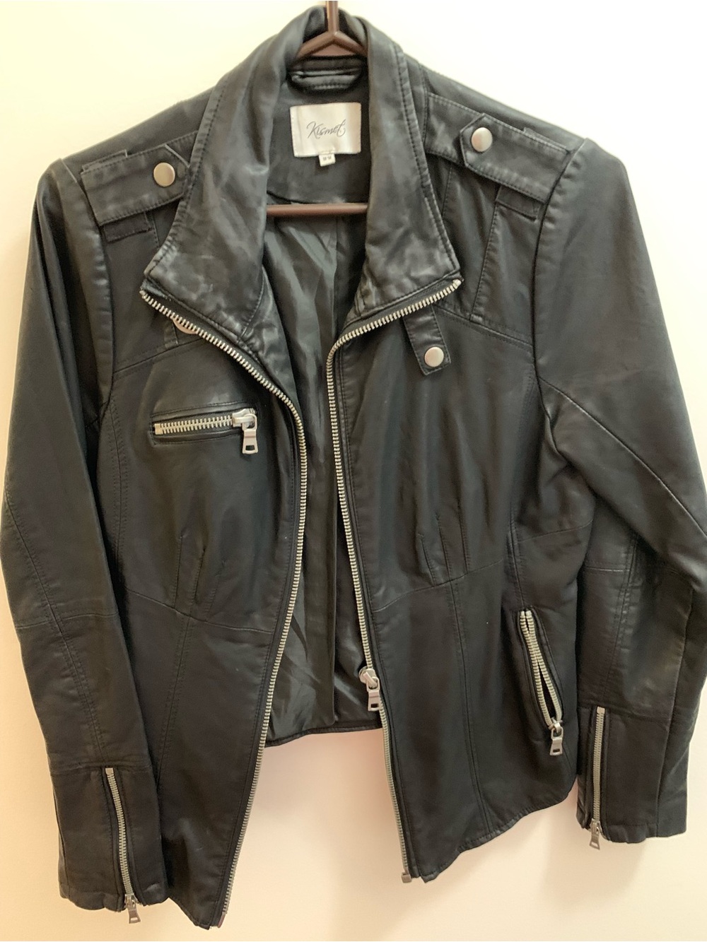 Kensie Black Faux Leather Moto Jacket with Zipper Details